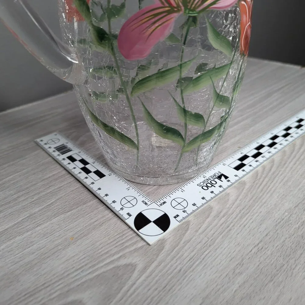 Vintage Fifth Avenue Crystal Hand Painted Floral Crackle Glass Drinking Pitcher